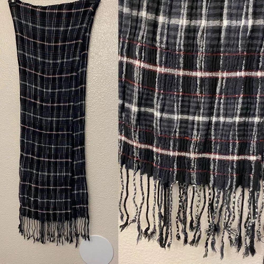 Cotton black red plaid fringe scarf wrap muslin gauze crinkle fabric 17x62
